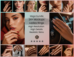 Pack of 24+ Ring Mockup to Visualize your Rings on High-Resolution Women’s Hand with sharp and realistic skin textures for Brand Visuals
