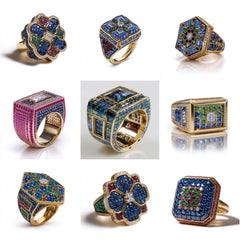 LR_002 : Creative Concept, 750+ Ladies Ring – Sapphire Blooms & Emerald Hexagons: A Kaleidoscopic Collection of Multicolored Gemstone Statement Rings