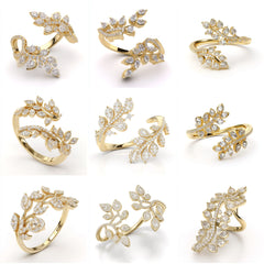 LR_001 : Creative Concept, 650+ Ladies Ring – Vine-Wrapped Leaves & Pear Clusters: A Lush Collection of Botanical White Diamond Cuff Rings