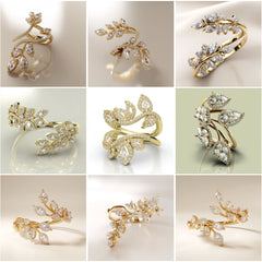 LR_001 : Creative Concept, 650+ Ladies Ring – Vine-Wrapped Leaves & Pear Clusters: A Lush Collection of Botanical White Diamond Cuff Rings
