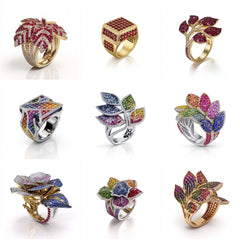 LR_002 : Creative Concept, 750+ Ladies Ring – Sapphire Blooms & Emerald Hexagons: A Kaleidoscopic Collection of Multicolored Gemstone Statement Rings