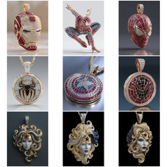 HM_001 : Creative Concept, 800+ Heros & Movies Pendant Collection – Thanos Helmets & Mjolnir Hammers: A Dazzling Array of Superhero Movie Diamond Pendants