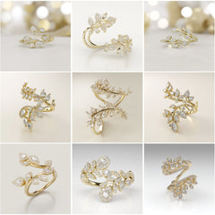 LR_001 : Creative Concept, 650+ Ladies Ring – Vine-Wrapped Leaves & Pear Clusters: A Lush Collection of Botanical White Diamond Cuff Rings