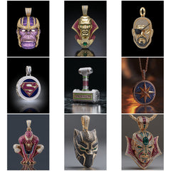 HM_001 : Creative Concept, 800+ Heros & Movies Pendant Collection – Thanos Helmets & Mjolnir Hammers: A Dazzling Array of Superhero Movie Diamond Pendants