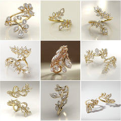 LR_001 : Creative Concept, 650+ Ladies Ring – Vine-Wrapped Leaves & Pear Clusters: A Lush Collection of Botanical White Diamond Cuff Rings