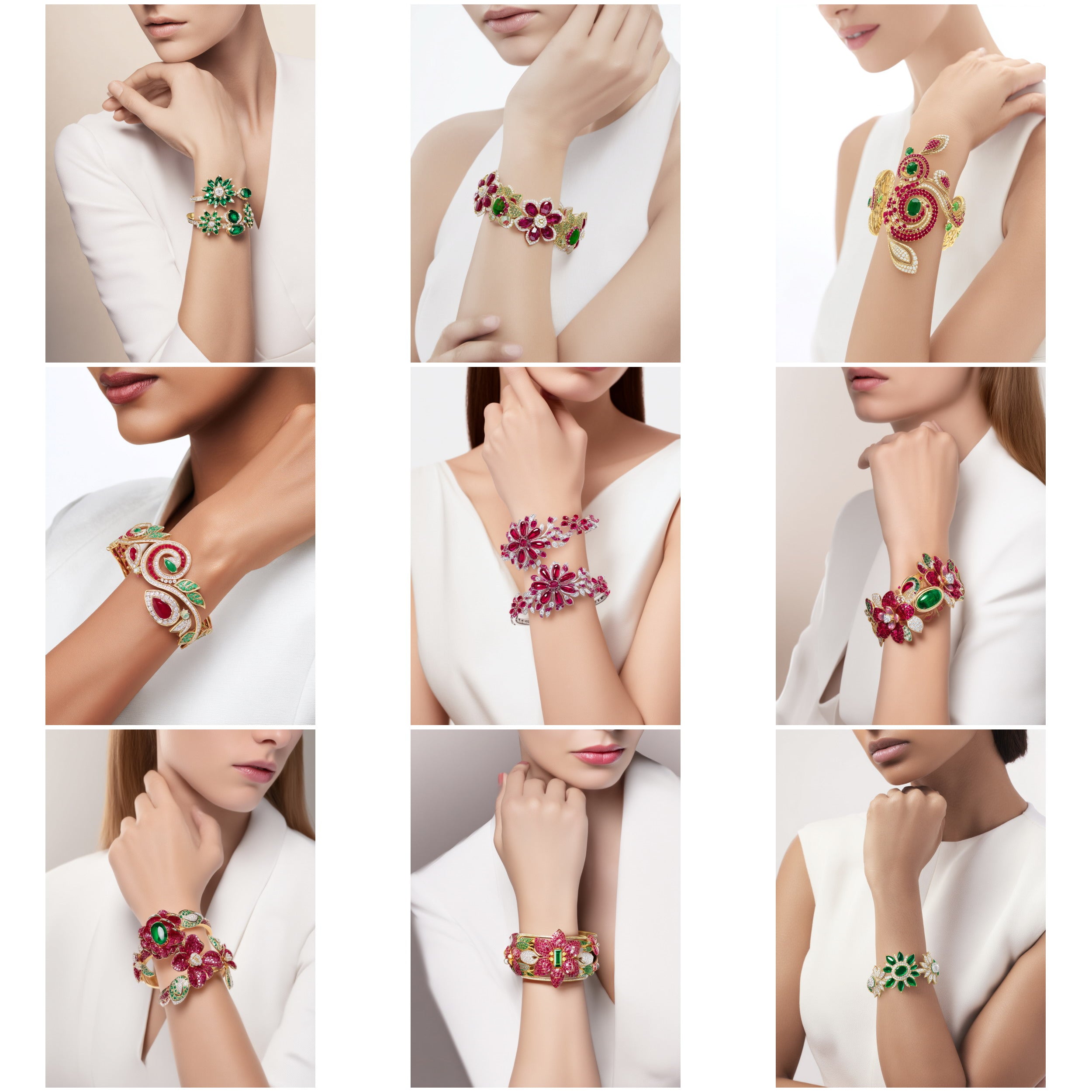 BG_004 : Creative Concept, 550+ Bangles, Luxury Floral Gemstone Bangles – High-End Diamond Cut Ruby & Emerald Cuff Bangles Designer Statement Bangle